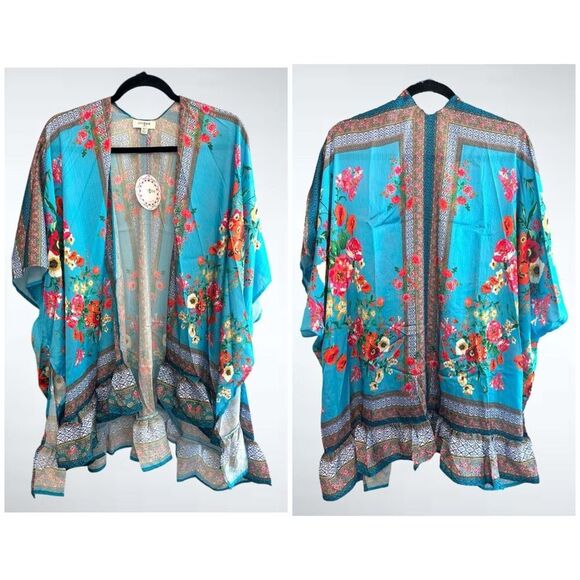 Size M/L Umgee Mixed Print Floral Kimono in Blue - Picture 1 of 7